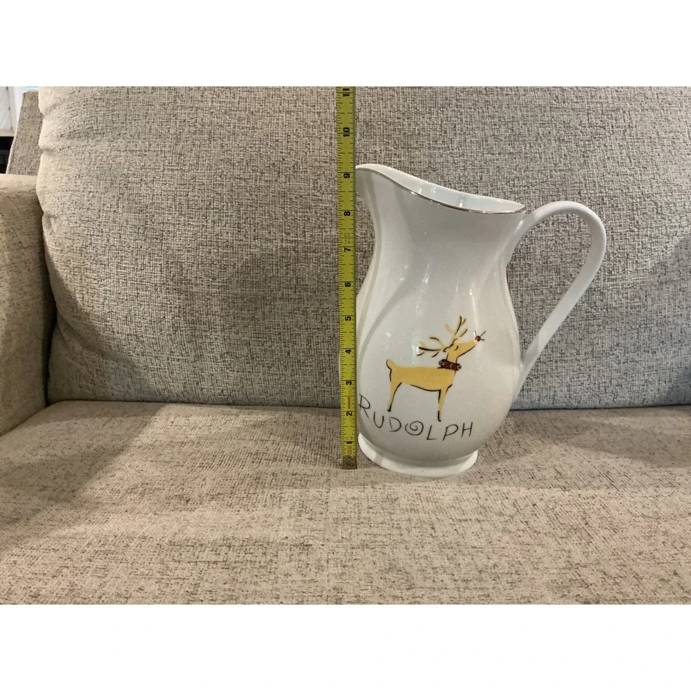 Pottery Barn Reindeer Rudolph Ceramic Christmas Pitcher White Silver Rim 9
